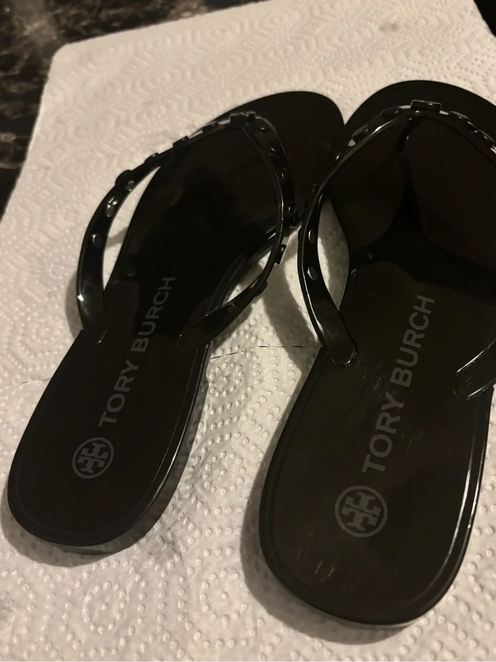 Tory Burch Black Jelly Logo Stud Thong Sandals